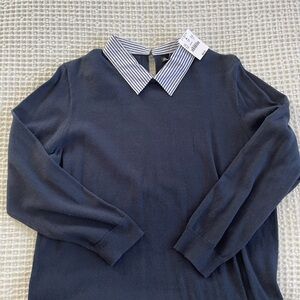 J. Crew Navy Top with Blue Striped Collar